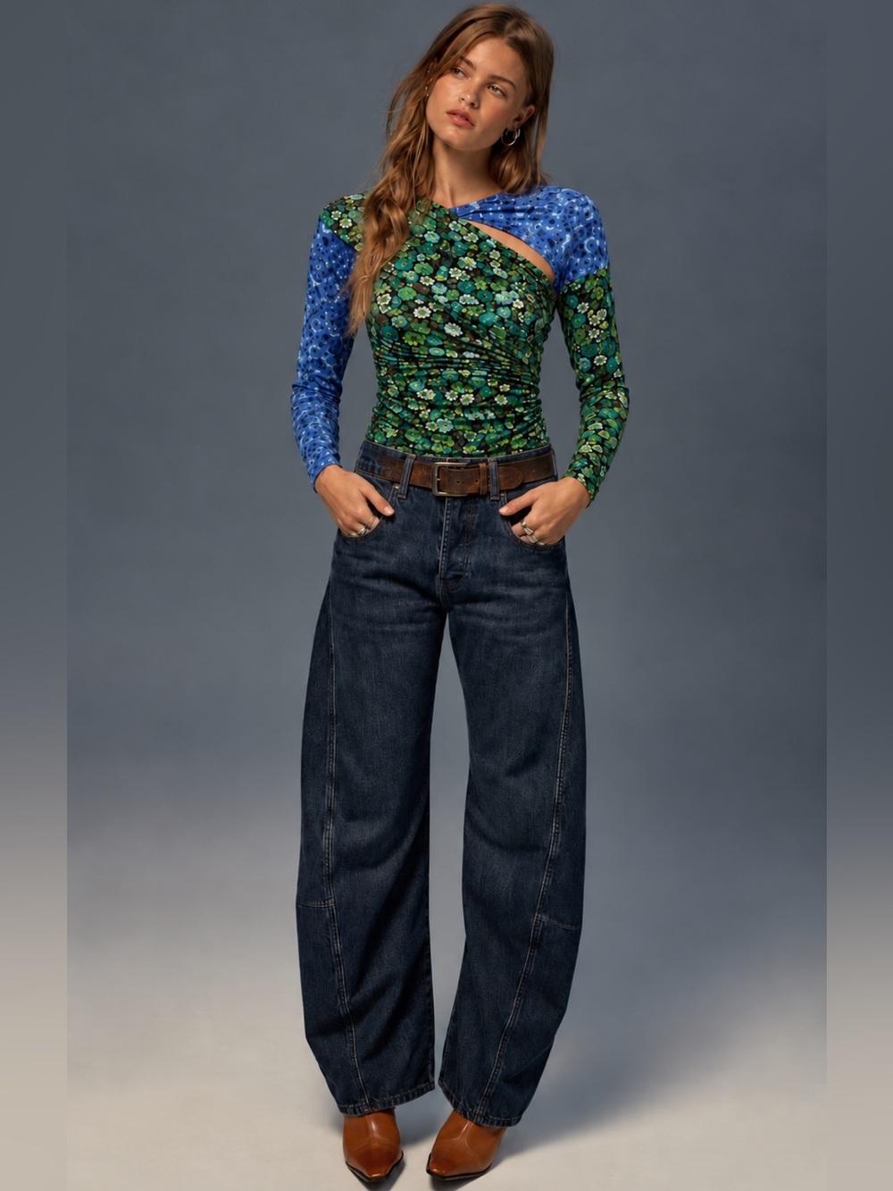 Zara Blue and Green Vibrant Patchwork Floral Wrap Blouse